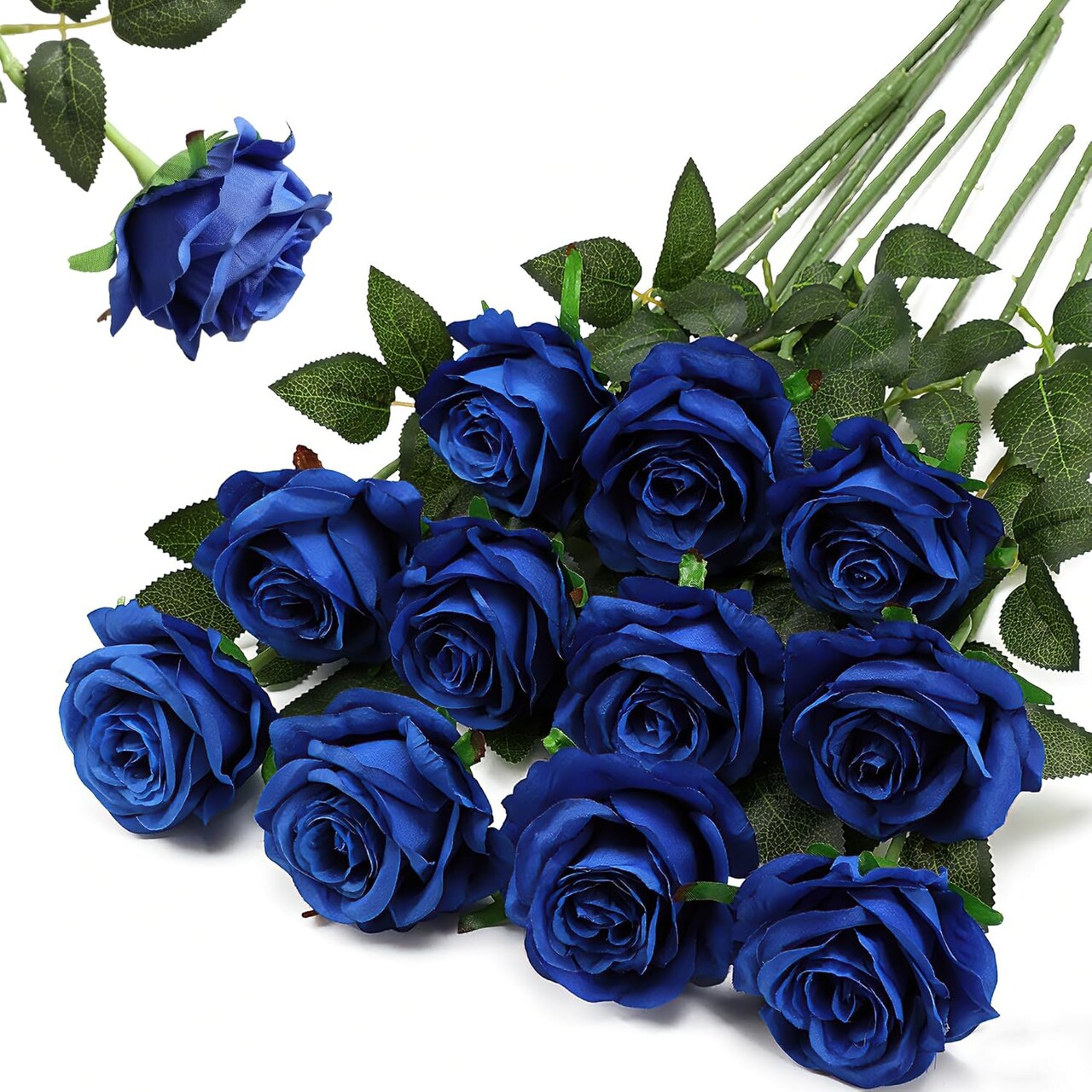 10 PCS Blue Artificial Roses Silk Fake Flowers with Long Stems Real Touch Faux Rose Bouquet for Wedding Centerpieces Home Office Hotel Party Decor